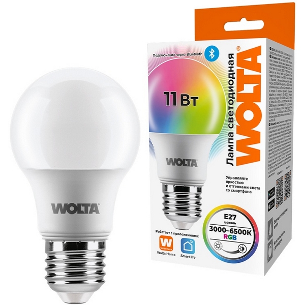 

Светодиодная лампа SMART 11Вт RGB E27 Wolta Wstd-A60 WSTD-A60-11WRGBE27-SH, Wstd-A60 WSTD-A60-11WRGBE27-SH